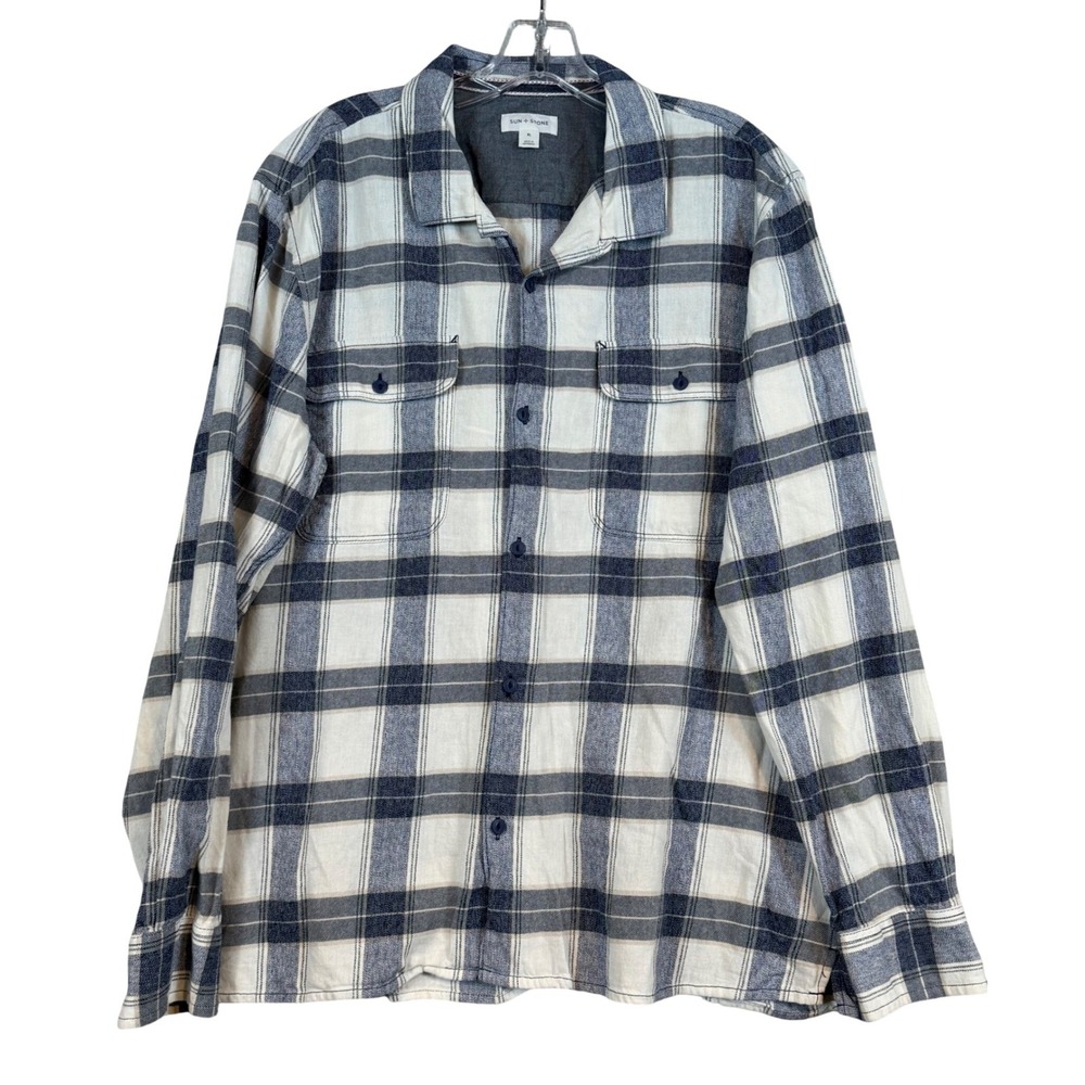 Sun + Stone Mens XL Plaid Button Down Shirt Blue L/S Cotton Flannel Gorpcore